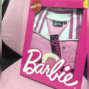 Mattel Barbie pink and white long sleeve polo shirt in size medium